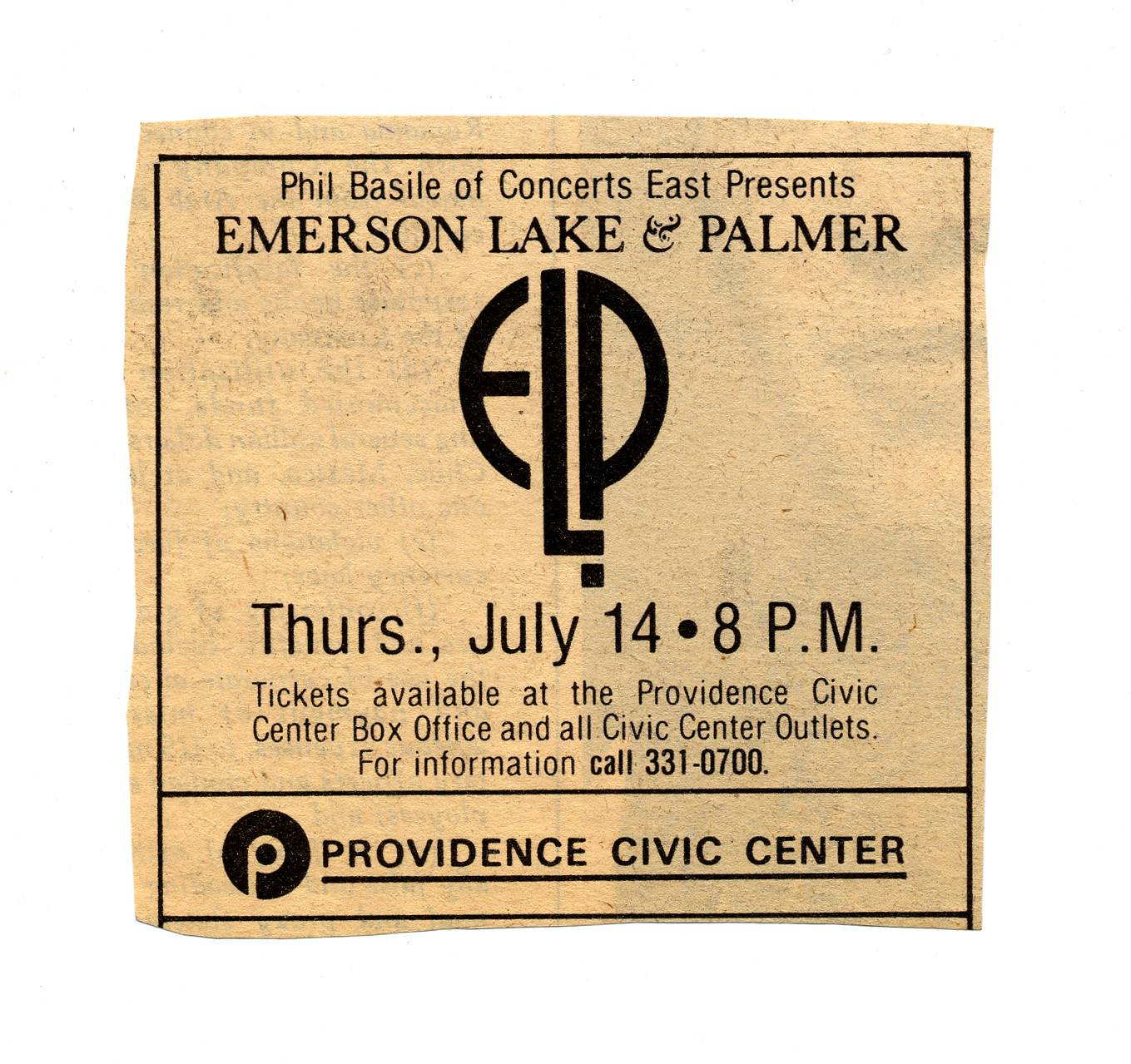 Emerson, Lake and Palmer Providence Civic Center 1977 [lp ticket]